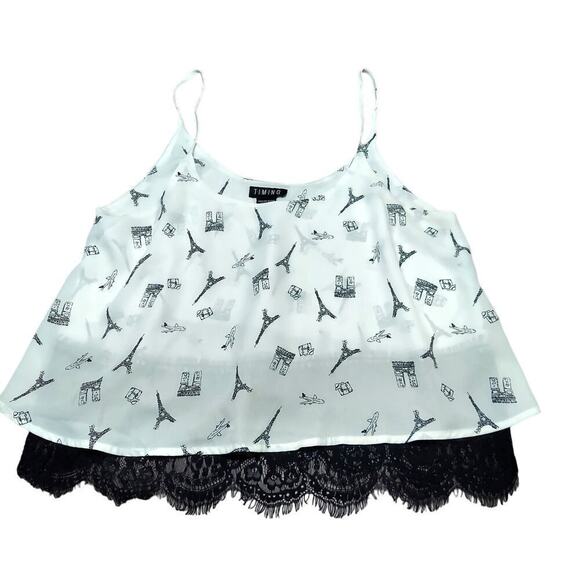 Timing Women's Mixed Media Black Lace Layered Graphic Sleeveless Crop Top - Picture 3 of 6